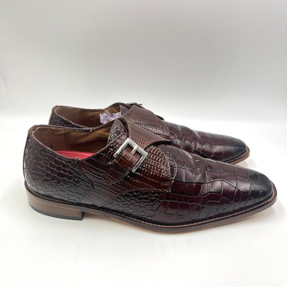 Stacy Adams Mens Size 9 Burgundy Brown Leather Croc Gator Monk Strap Dress Shoes - Picture 1 of 13